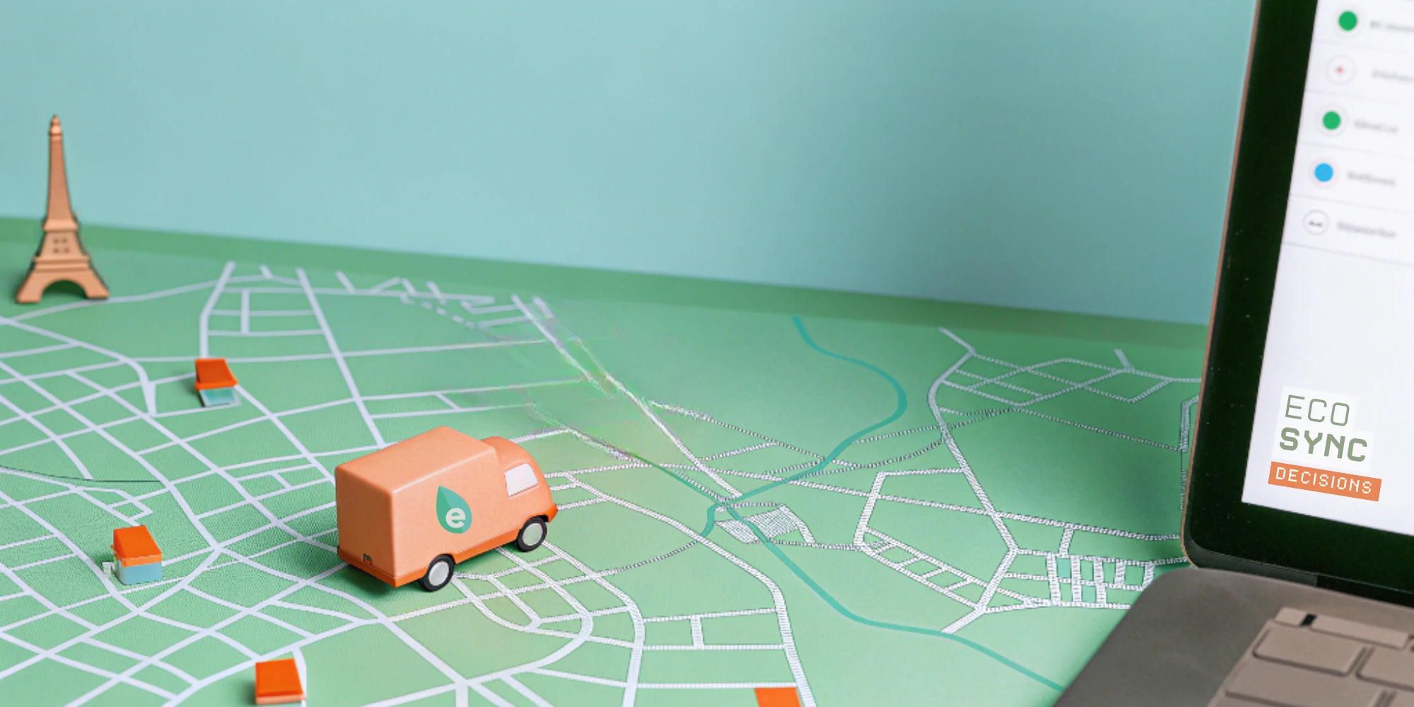 Camion Ecolotrans sur une carte stylisée, représentant la livraison du dernier kilomètre.