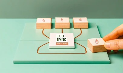 Illustration du processus EcoSync : blocs connectés à un centre 'ECO SYNC DECISIONS', représentant l'optimisation.